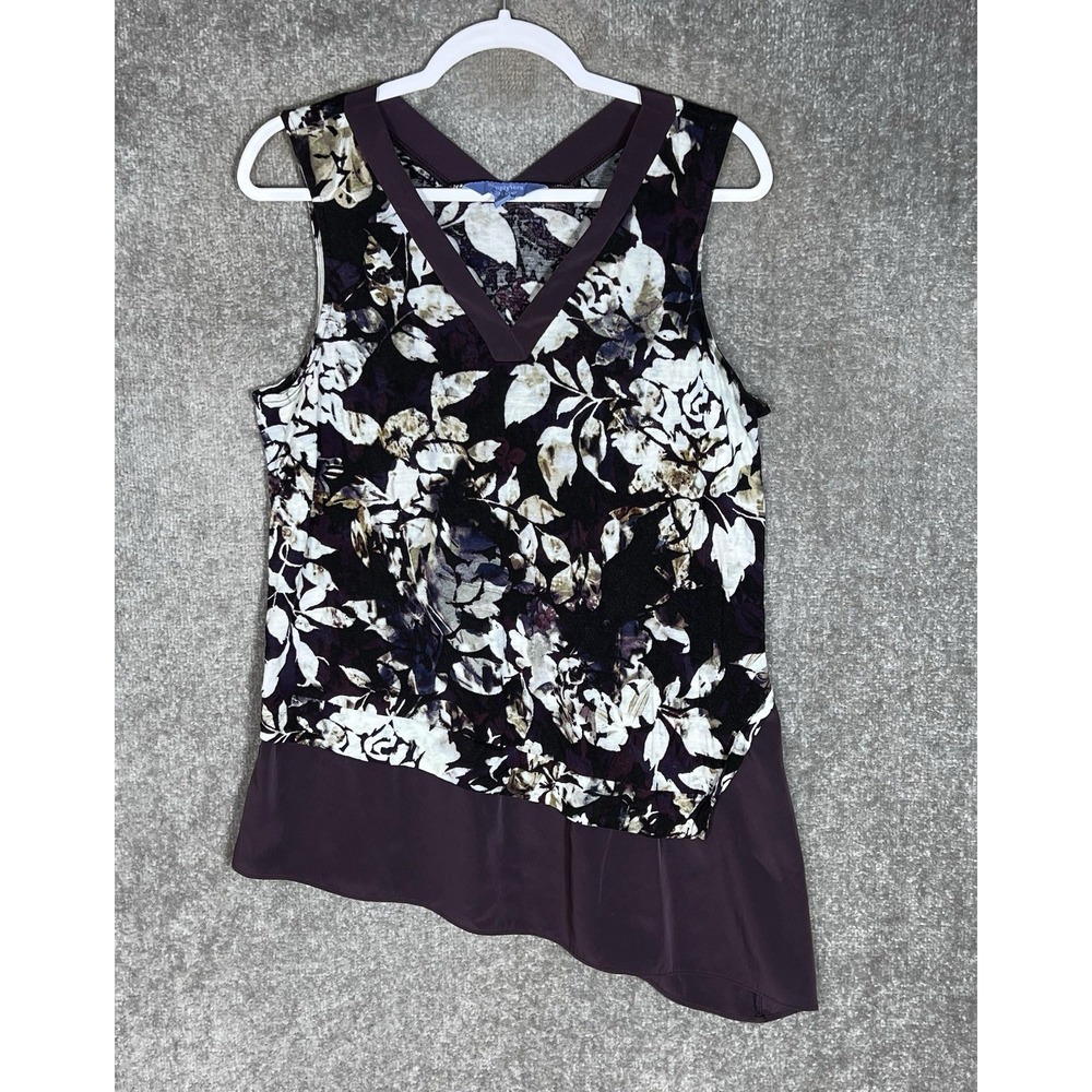 Simply Vera Wang Tank Top Womens Sz Large Purple Dark Floral Asymmetrical V-Neck